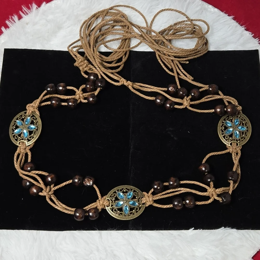Boho Rope Belt Teal Rhinestone Bronze Floral Medallion Beaded Tie Waist 67